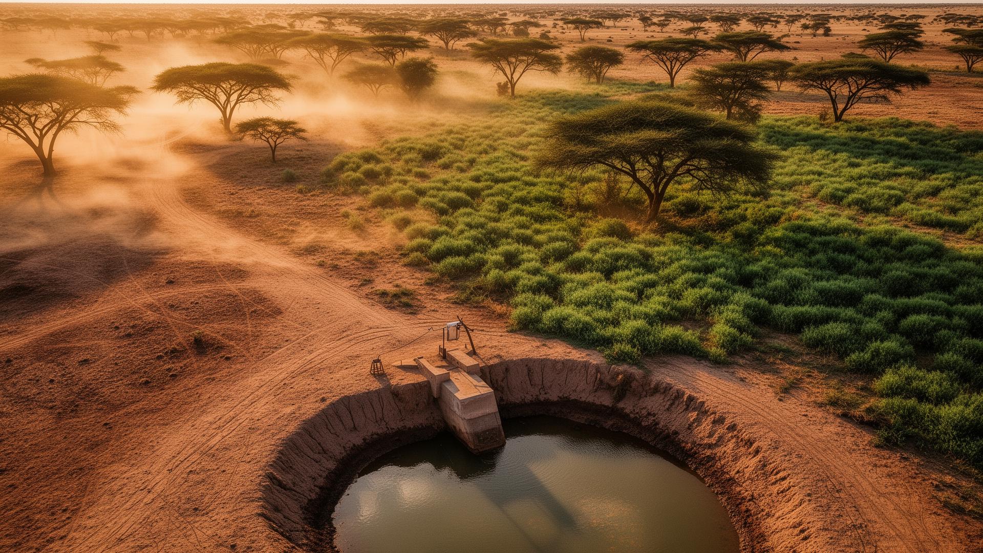 ASAL landscape transitioning to vegetation around a sand dam